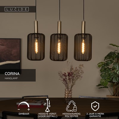 Lucide CORINA - Hanglamp - 3xE27 - Zwart